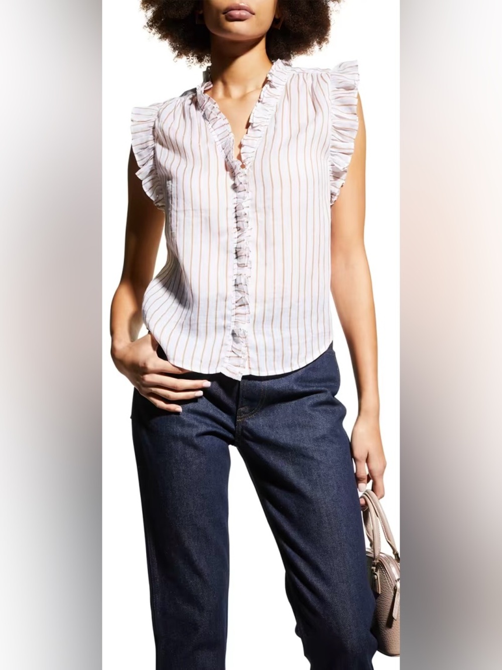 FRAME Lauren Ruffled Striped White and Brown Shirt | S